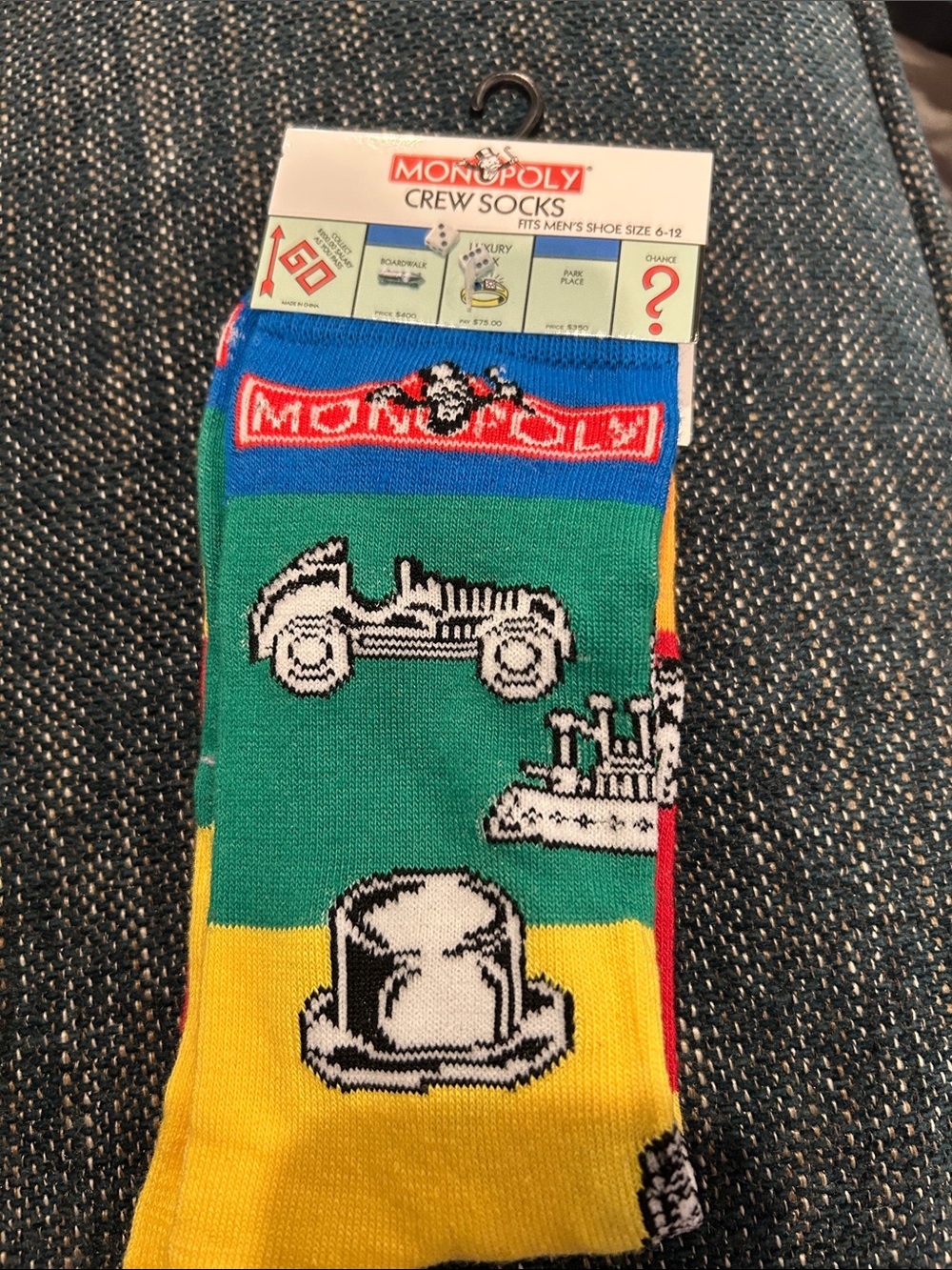 Monopoly Logo Crew Socks in Green, Blue & Yellow